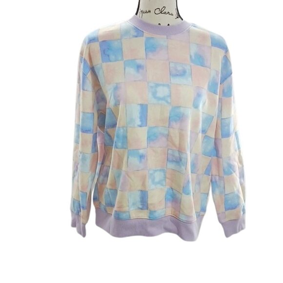 Wild Fable Sweatshirt Blue Pink Check Retro Fleece Oversized Unisex Casual - Picture 3 of 8